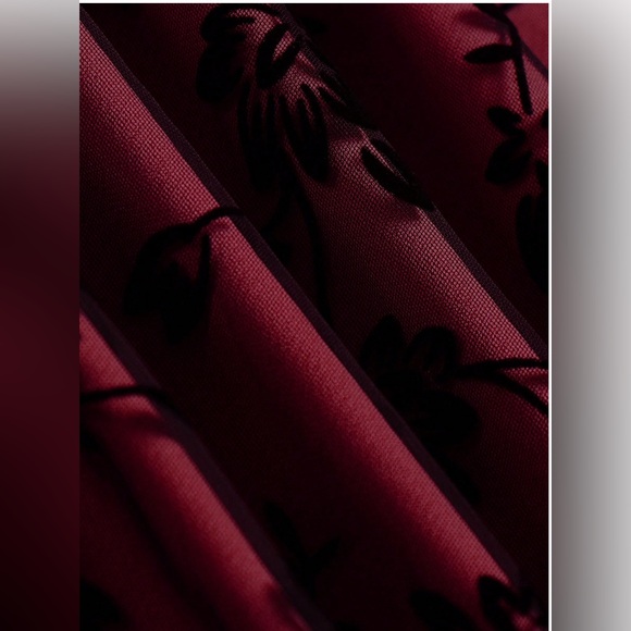 Floral Flocking Tulle Long A-Line Skirt Red - Picture 9 of 12